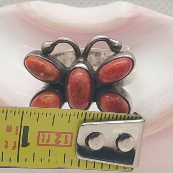 Southwest Style Sterling Silver Orange Spiny Oyster Shell Butterfly Ring Size 8 - Picture 4 of 7